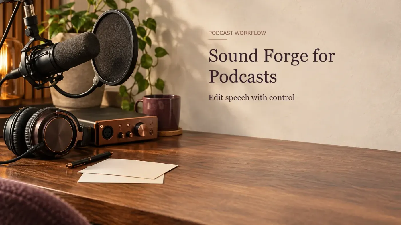 A podcast microphone, pop filter, headphones and audio interface arranged for editing speech in Sound Forge Pro