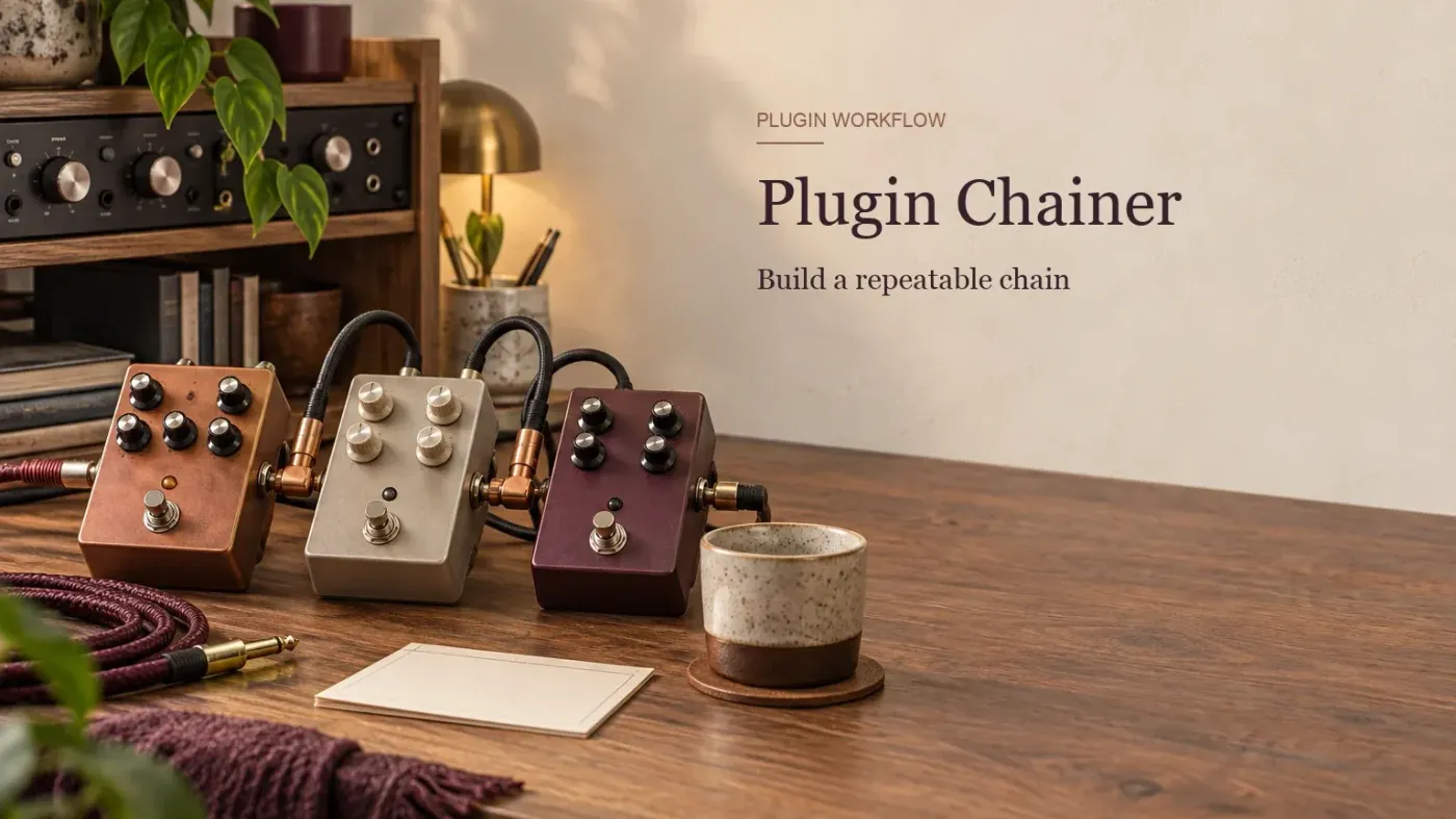 Three studio effect units linked by patch cables for building a repeatable Plug-In Chainer workflow in Sound Forge