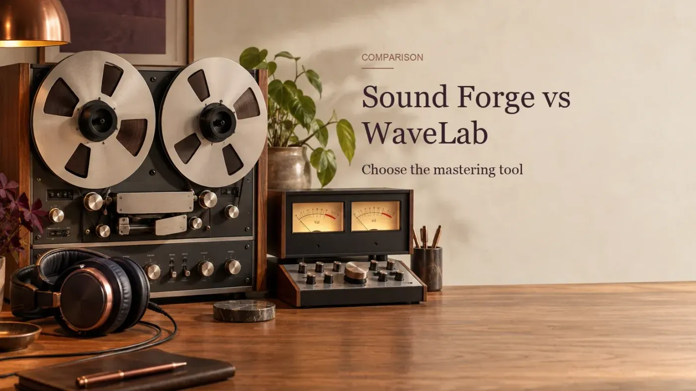 A reel-to-reel deck and headphones beside a mastering meter for comparing Sound Forge Pro with WaveLab