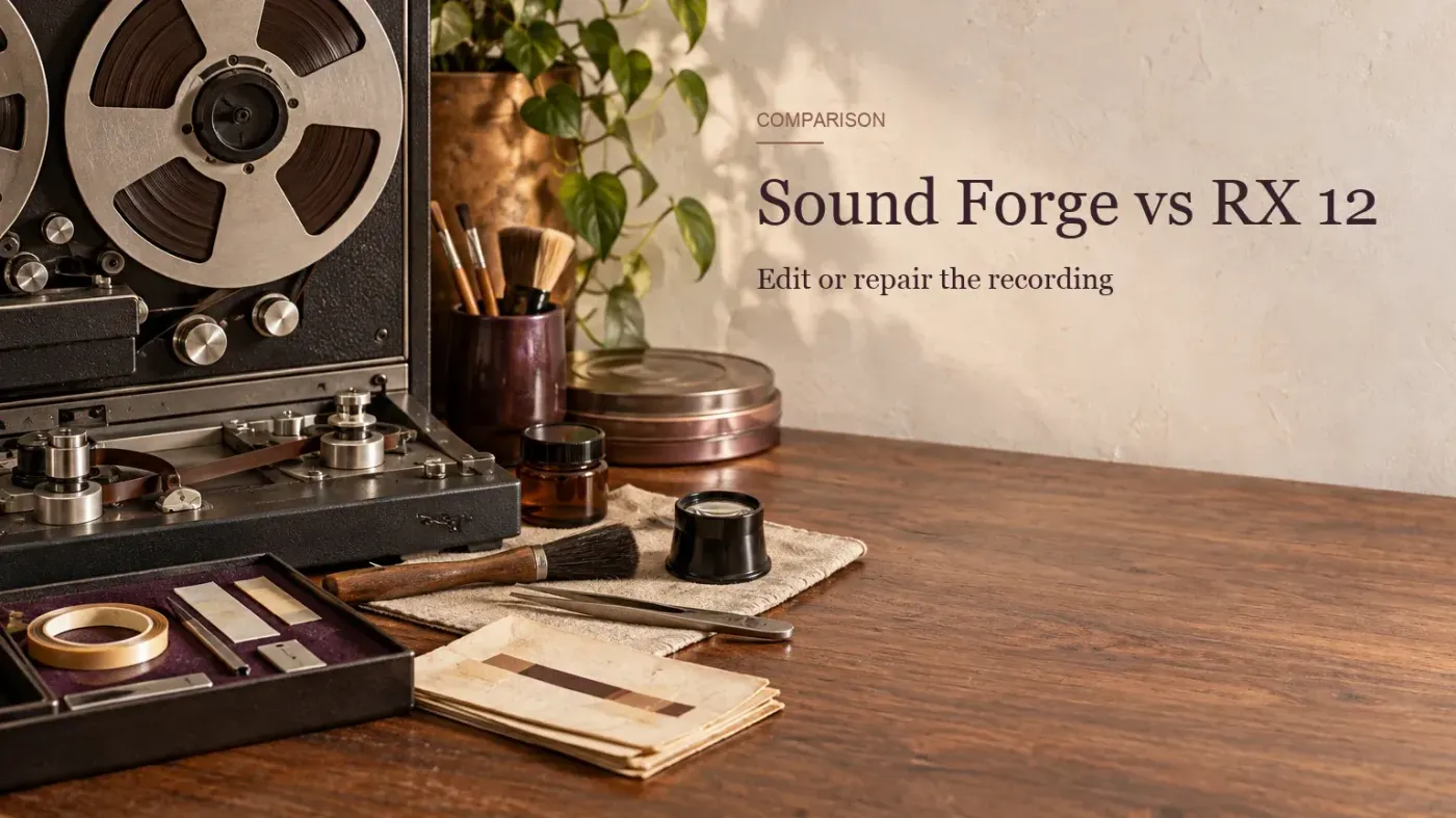 A reel of magnetic tape and audio restoration tools arranged for comparing iZotope RX 12 with Sound Forge Pro