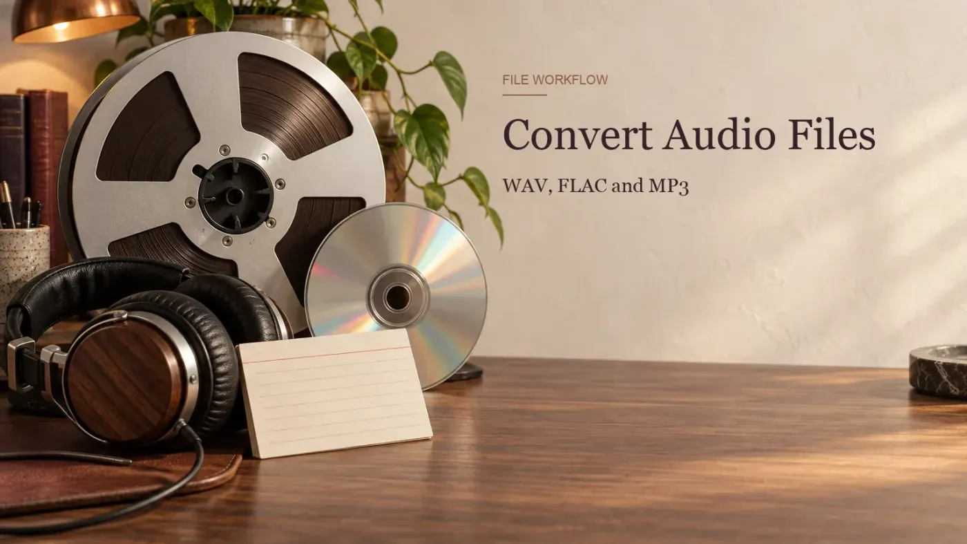 Magnetic tape, a compact disc and audio files arranged to illustrate WAV, FLAC and MP3 conversion in Sound Forge Pro