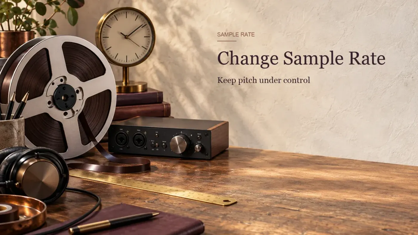 Magnetic tape, an audio interface and a brass ruler arranged for changing sample rate without shifting pitch in Sound Forge Pro