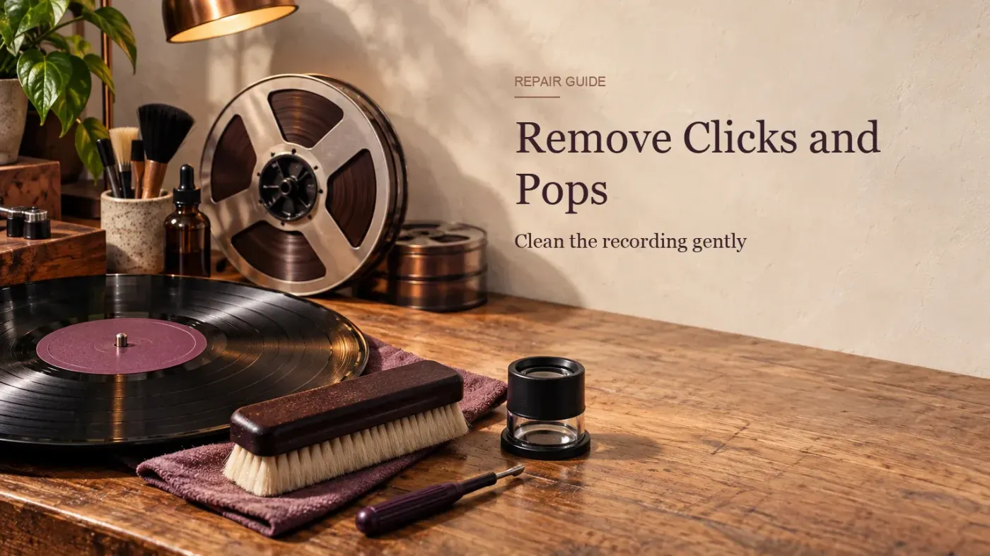 A vinyl record, cleaning brush and stylus magnifier arranged for removing clicks and pops in Sound Forge Pro