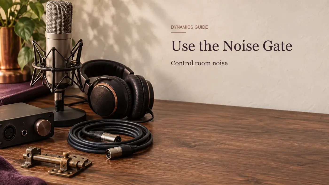 A studio microphone, headphones, audio interface and cable arranged for using the Noise Gate in Sound Forge Pro