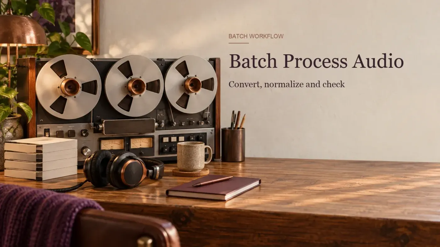 Three matching tape reels and archive cards arranged for batch processing audio files in Sound Forge Pro