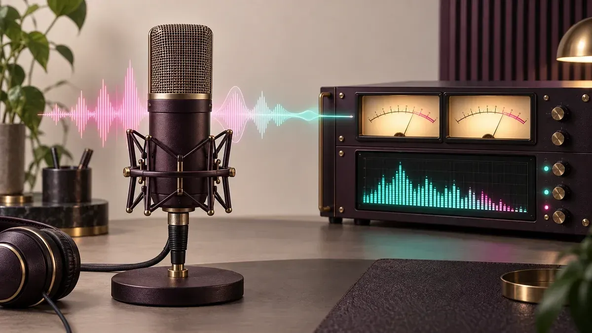Studio microphone feeding a waveform, level meters and spectrum display for an online input check