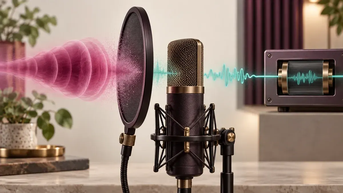 Plosive airflow stopped by a pop filter before a clean voice waveform reaches the microphone