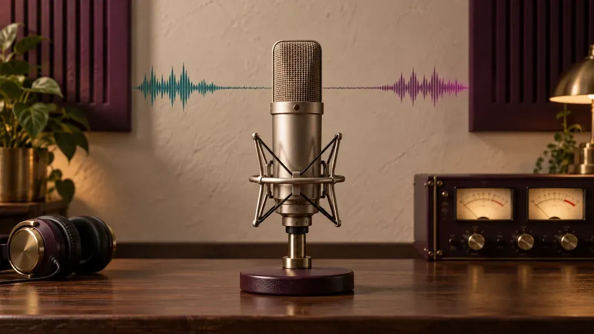 Studio microphone, VU meters, headphones and a speech waveform with a clean room-tone interval.