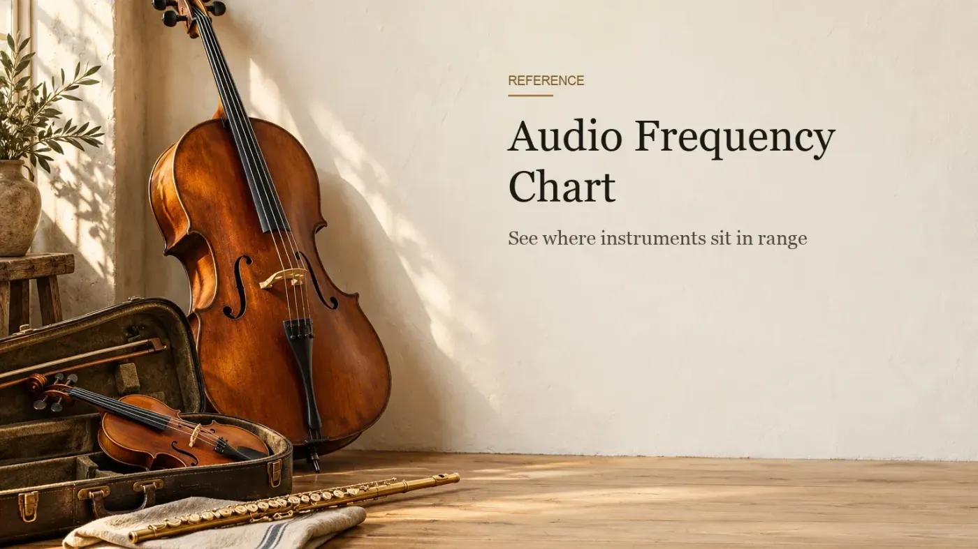 A cello leaning against a wall beside a violin in an open case and a brass flute on a linen cloth on oak floorboards.