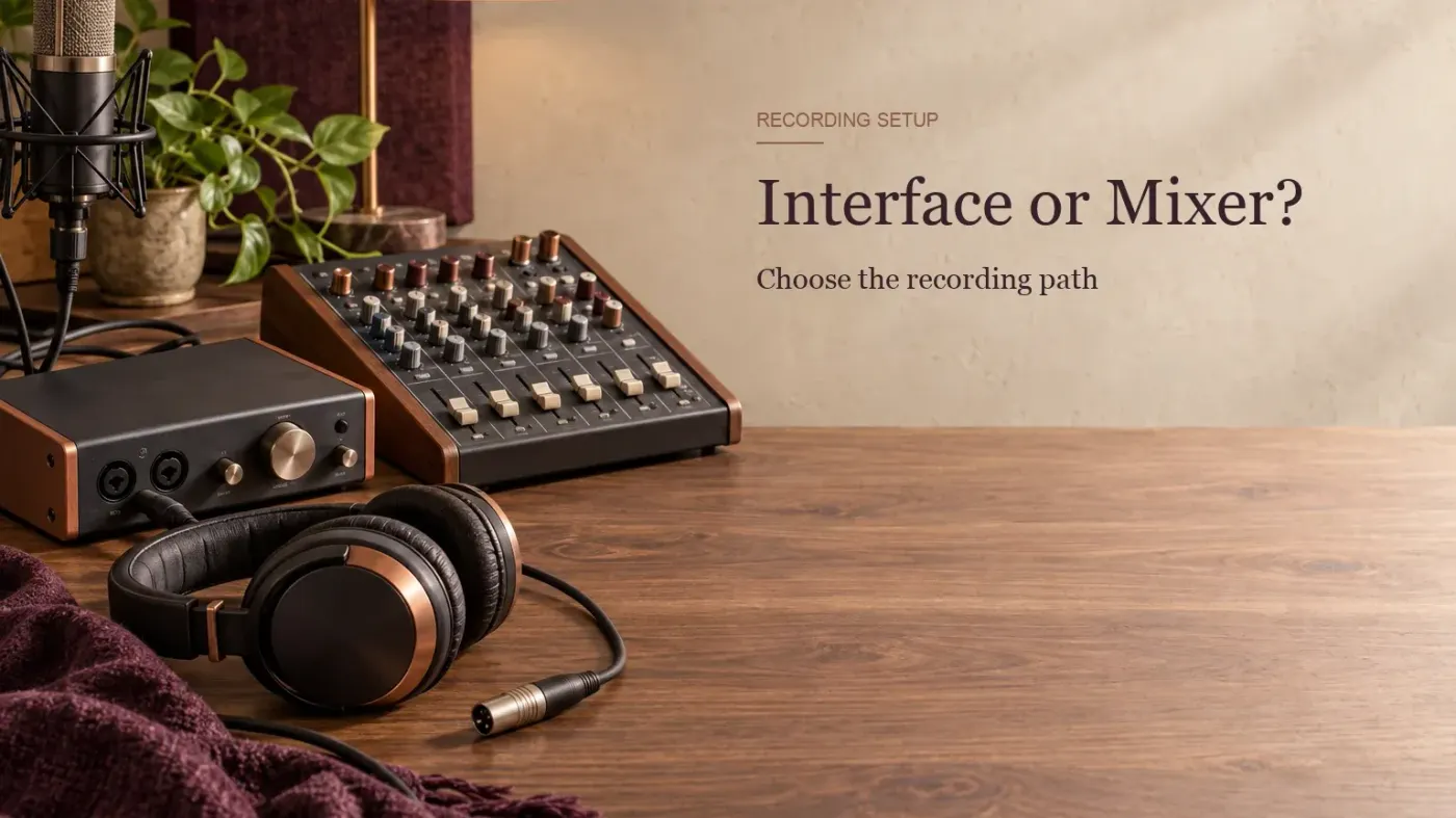 Compact audio interface beside a small analog mixer with knobs and faders on a walnut desk