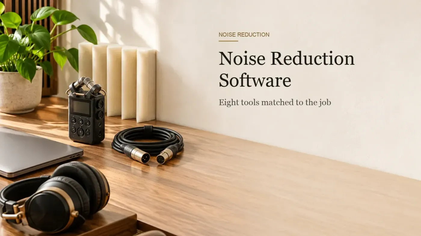 A closed laptop, a portable recorder, a coiled cable and a cream foam acoustic wedge on a walnut desk.