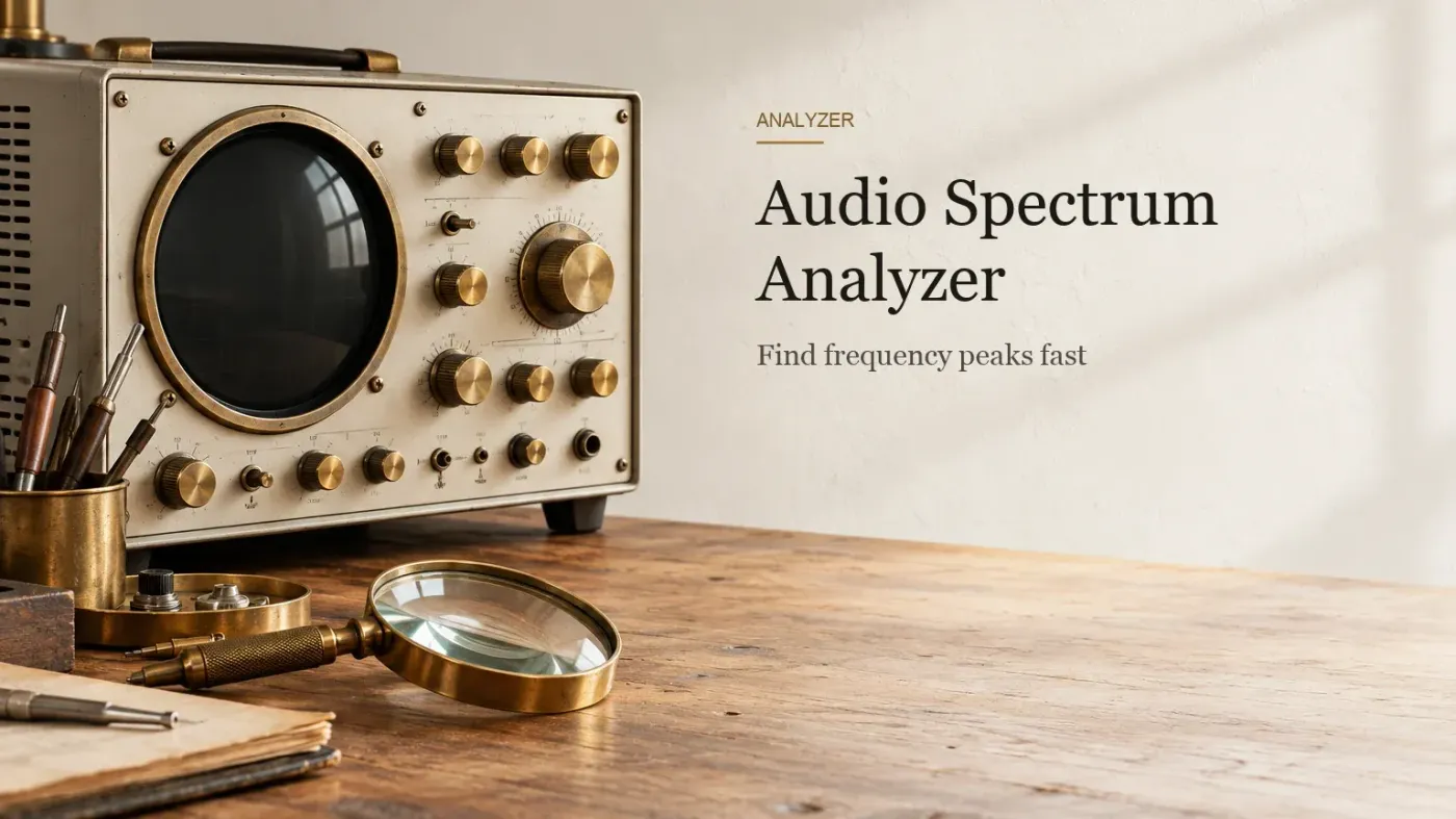 A cream benchtop analyzer instrument with brass knobs and a blank round display window, with a brass magnifying glass on a workbench.