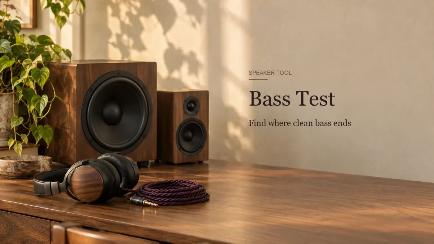 Walnut subwoofer and bookshelf speaker on a desk with headphones and a braided cable, beside the title Bass Test