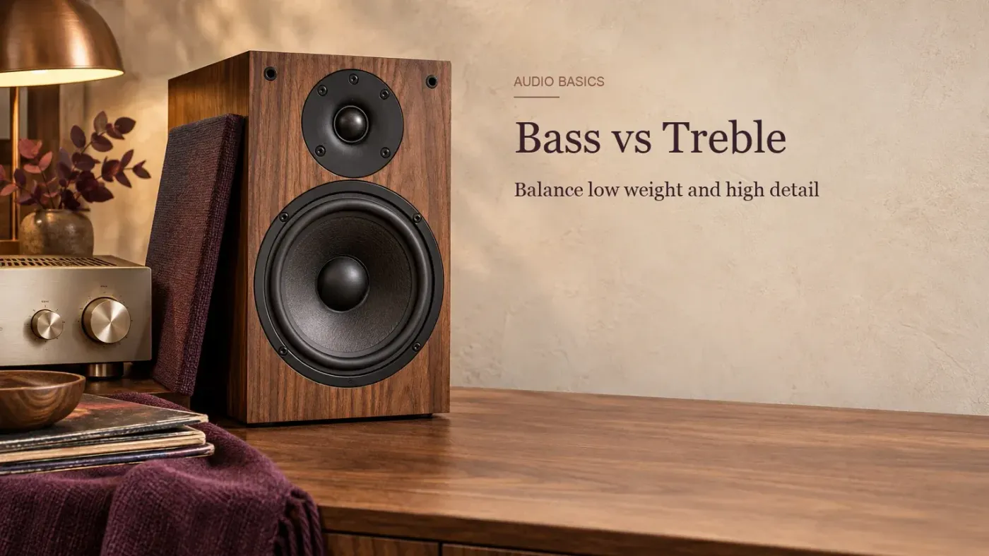 Bookshelf loudspeaker with its grille removed showing a large woofer and small tweeter beside a hi-fi amplifier with tone knobs