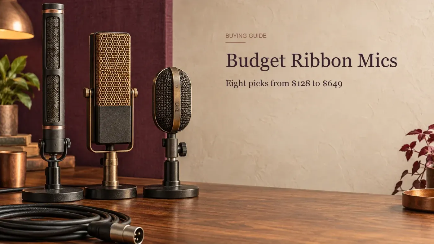 Three ribbon microphones of different shapes on desk stands with an XLR cable coiled in front