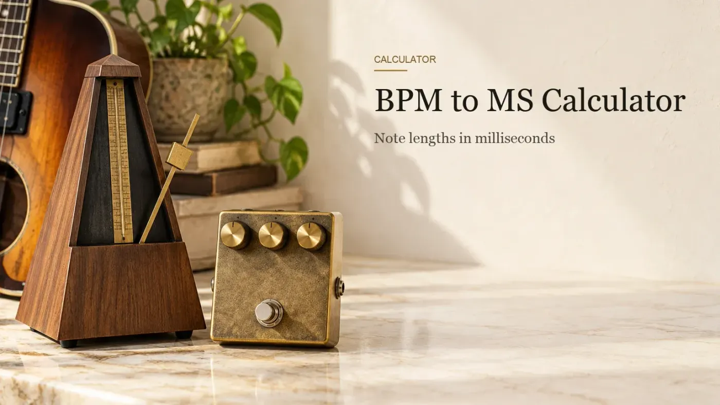 A wooden metronome with a brass pendulum beside a guitar delay pedal with brass knobs on a marble counter.