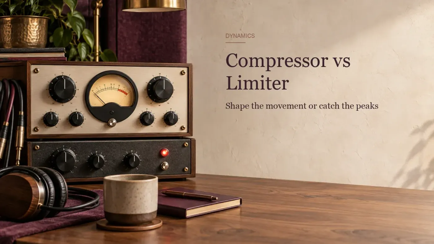 Hardware compressor with a VU needle meter stacked above a slimmer limiter unit on a walnut desk
