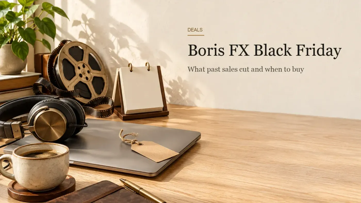 Light oak desk in warm morning daylight with a closed laptop, a blank kraft-paper price tag tied with twine, a vintage film reel, a blank desk calendar, copper headphones and a coffee cup