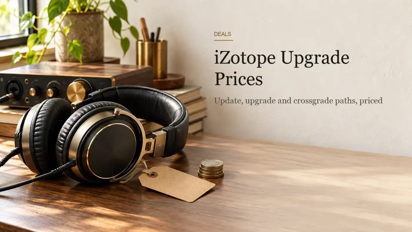 Studio headphones on a walnut desk next to a blank kraft-paper price tag tied with twine, a small stack of coins and a compact audio interface in warm daylight