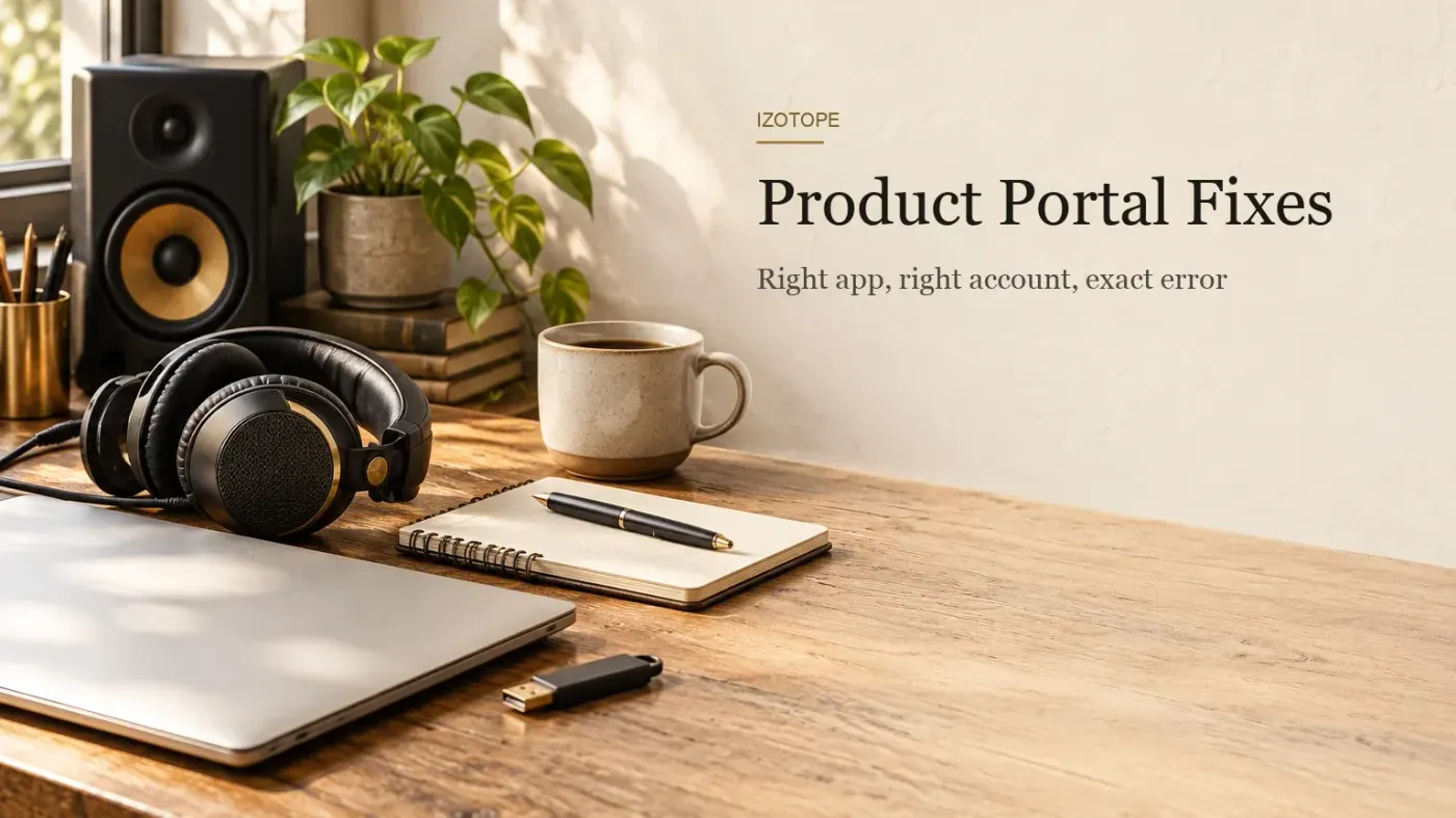 A closed laptop, a USB key, studio headphones, a notepad with a pen, a coffee mug and a studio monitor on a wooden desk in warm daylight