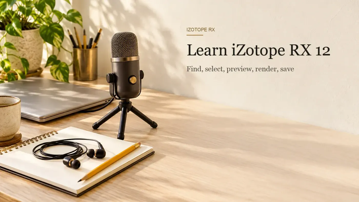 Closed silver laptop, small USB microphone on a mini tripod and coiled earbuds on a blank spiral notebook with a pencil on a pale ash desk