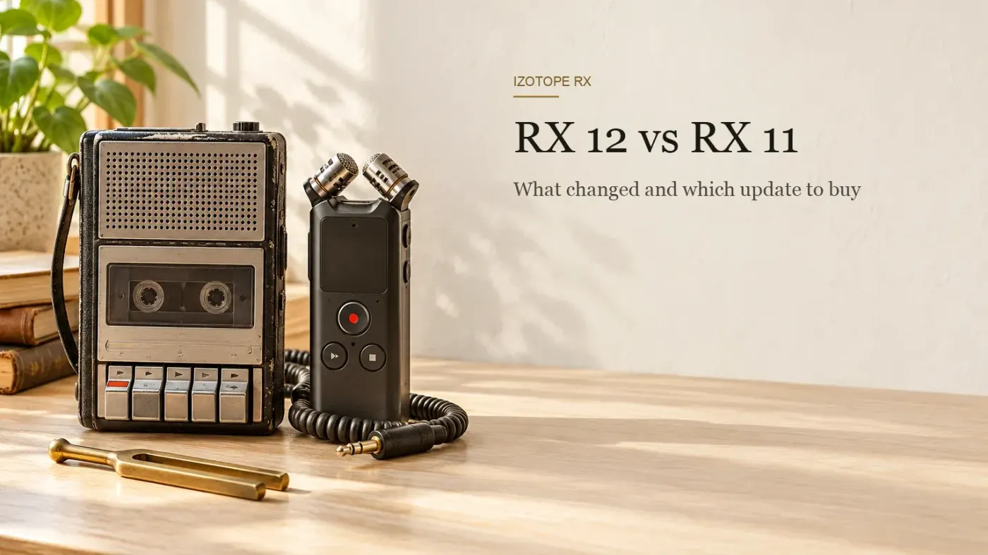 Vintage cassette recorder with chrome piano-key buttons beside a compact handheld digital recorder on a light wooden desk in morning daylight, next to the headline RX 12 vs RX 11