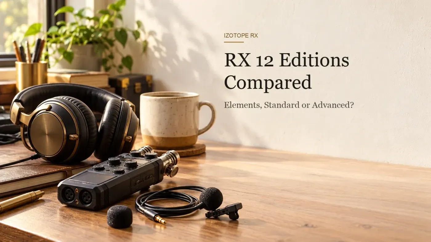 Wooden studio desk with headphones, a portable field recorder, a lavalier microphone, a foam windscreen and a coffee mug in warm window light, with the headline RX 12 Editions Compared
