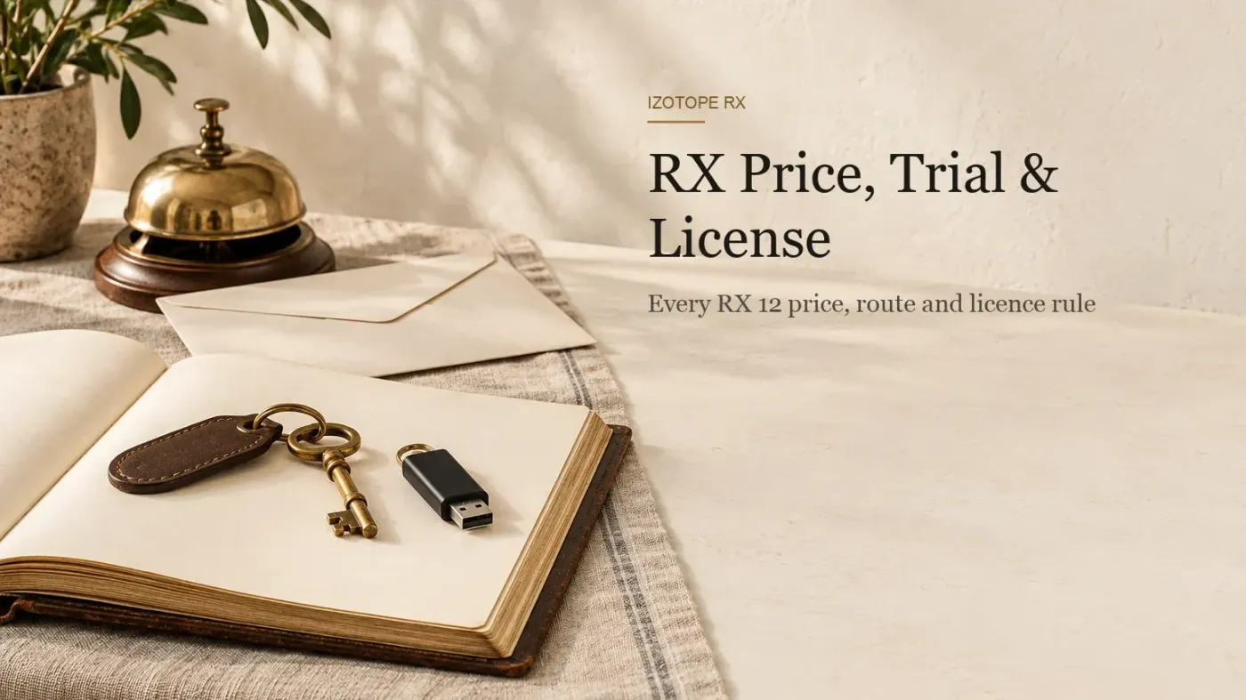 Brass desk bell, cream envelope, vintage brass key on a leather fob and a black USB key on an open ledger book on a linen-covered table