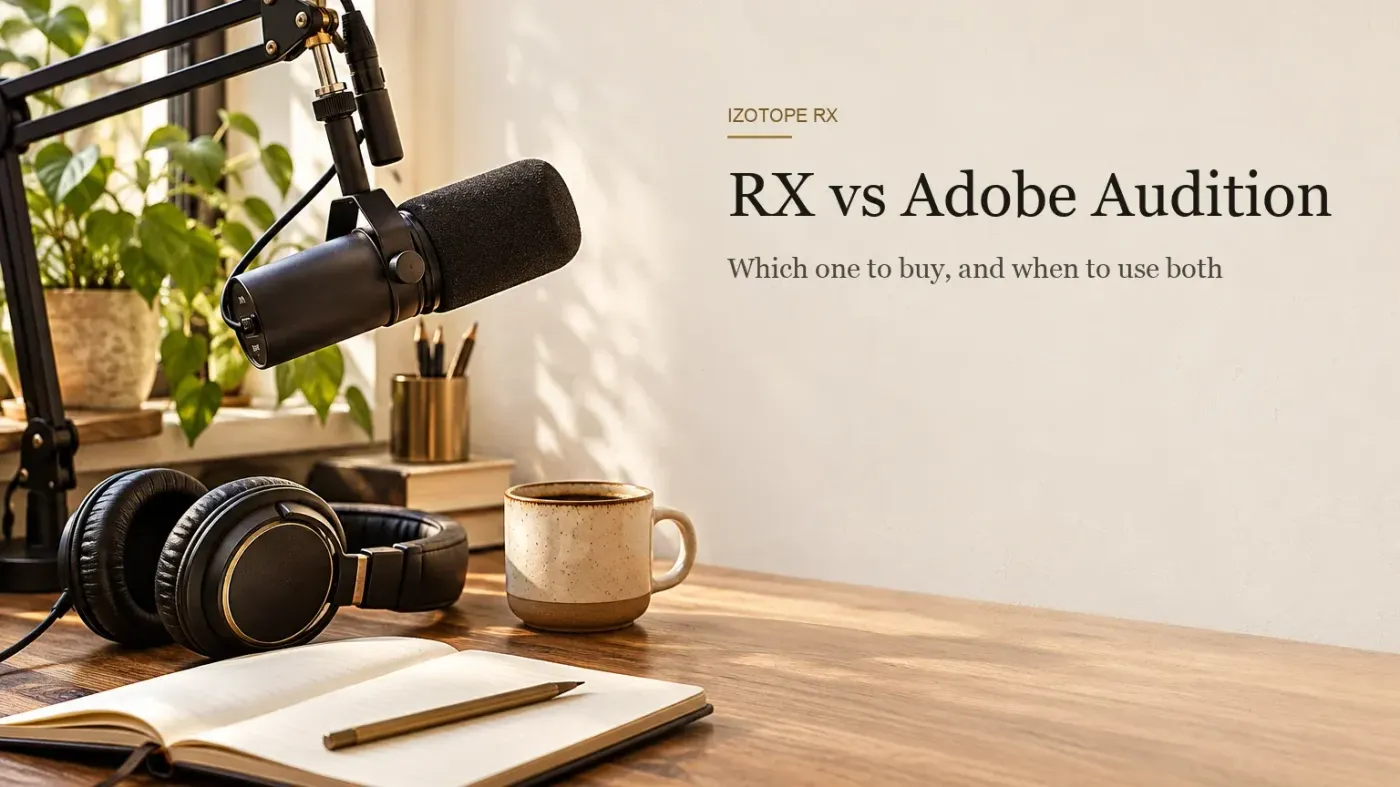 Podcast microphone on a boom arm beside closed-back headphones, an open notebook with a pencil and a cup of coffee on a wooden desk by a window with potted plants in warm daylight