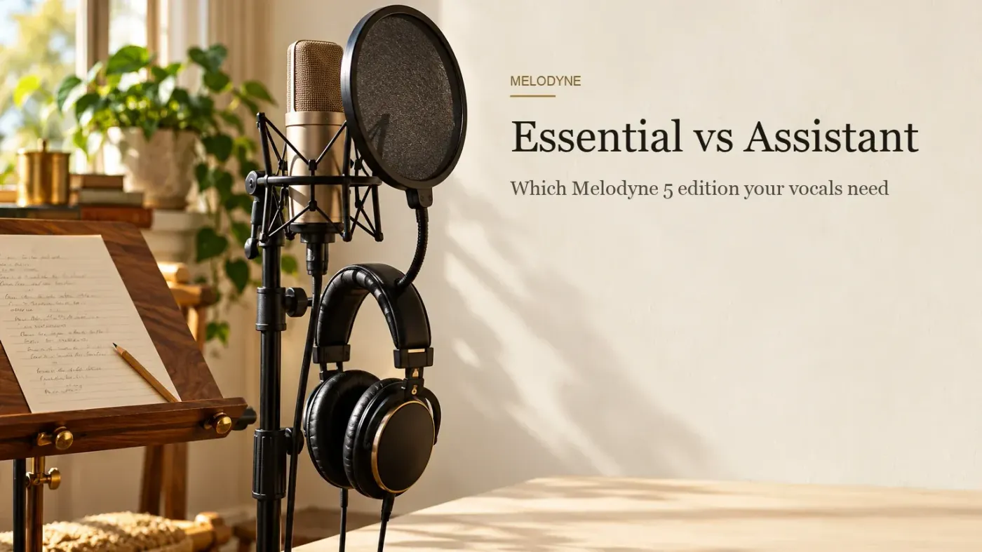 Vocal recording corner in warm window light with a condenser microphone behind a round pop filter, headphones on the stand and a handwritten lyric sheet on a wooden music stand