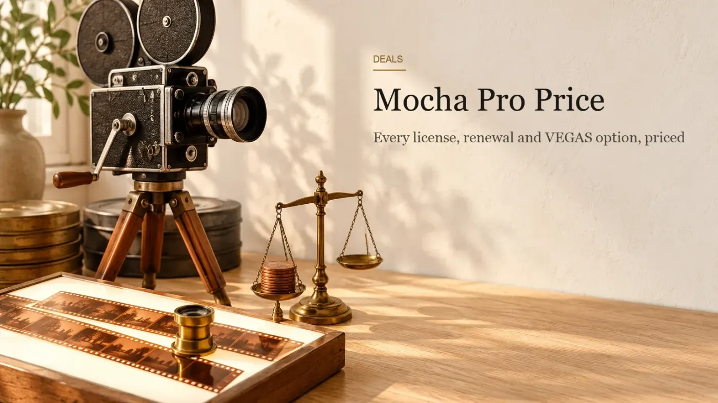 Oak desk in warm daylight with a vintage 16mm film camera on a wooden tripod, a brass balance scale holding copper coins and a light box with film negatives under a brass loupe