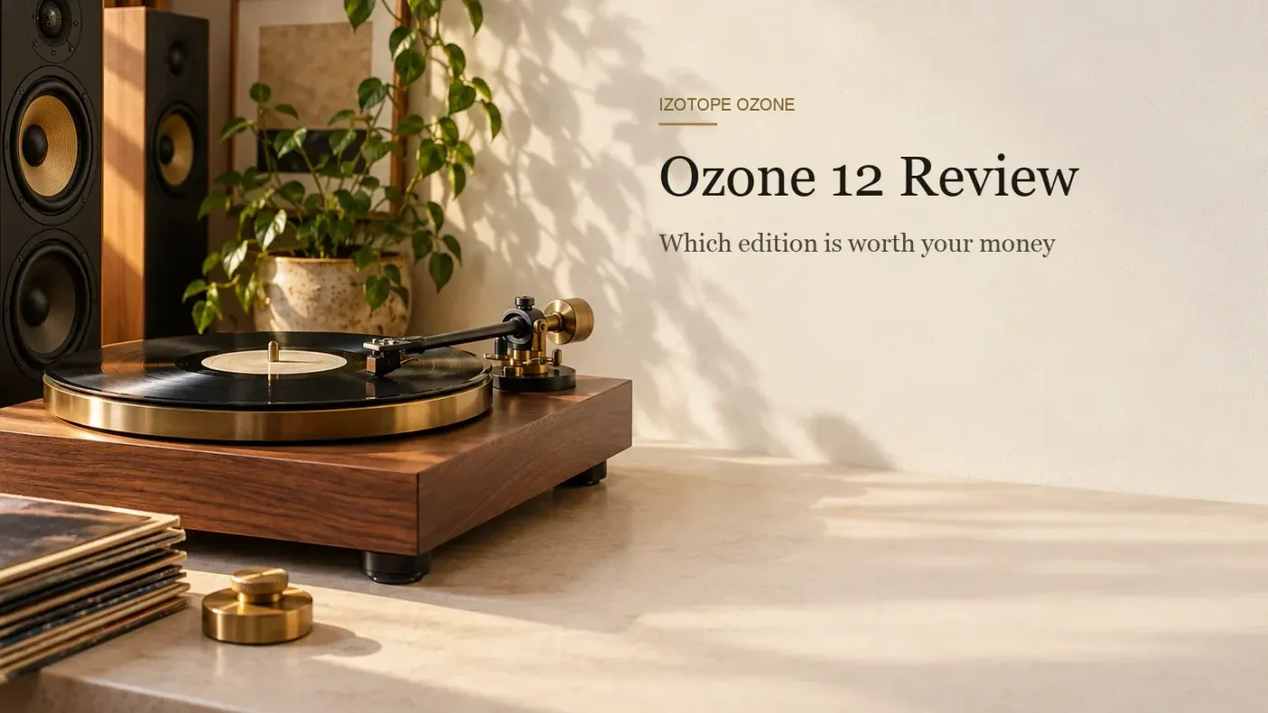 Black vinyl record on a wooden turntable with the tonearm at rest, a brass tone-arm weight and slim floor-standing monitors in warm evening light