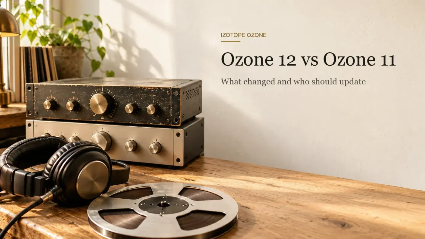 Wooden mastering desk in warm daylight with a worn older hardware unit stacked on a newer clean one, closed-back headphones and a tape reel
