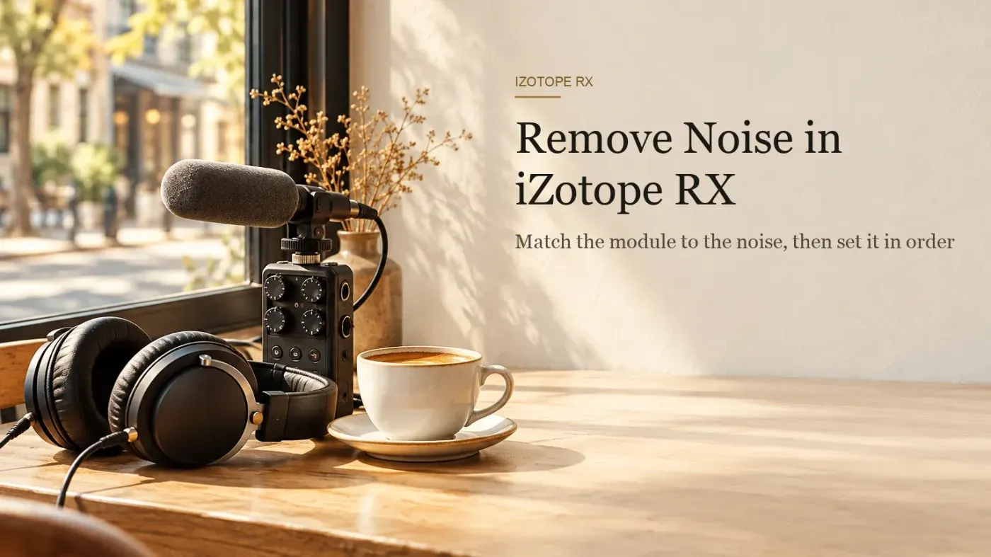 Sunlit café table by a window with a handheld field recorder topped by a shotgun microphone in a foam windscreen, closed-back headphones and a cup of coffee on a saucer