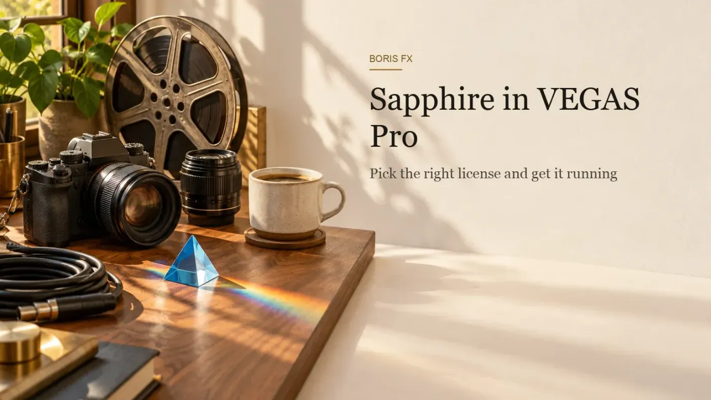 Walnut desk in warm afternoon daylight with a mirrorless camera, a separate lens, a blue glass prism casting a soft rainbow flare, a vintage film reel, a coiled cable and a coffee cup