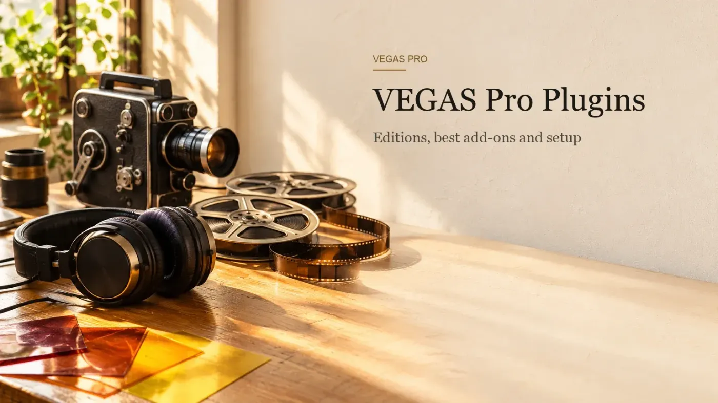 Vintage 16mm film camera, two metal film reels, closed-back headphones and colored lighting gels on a sunlit wooden editing desk