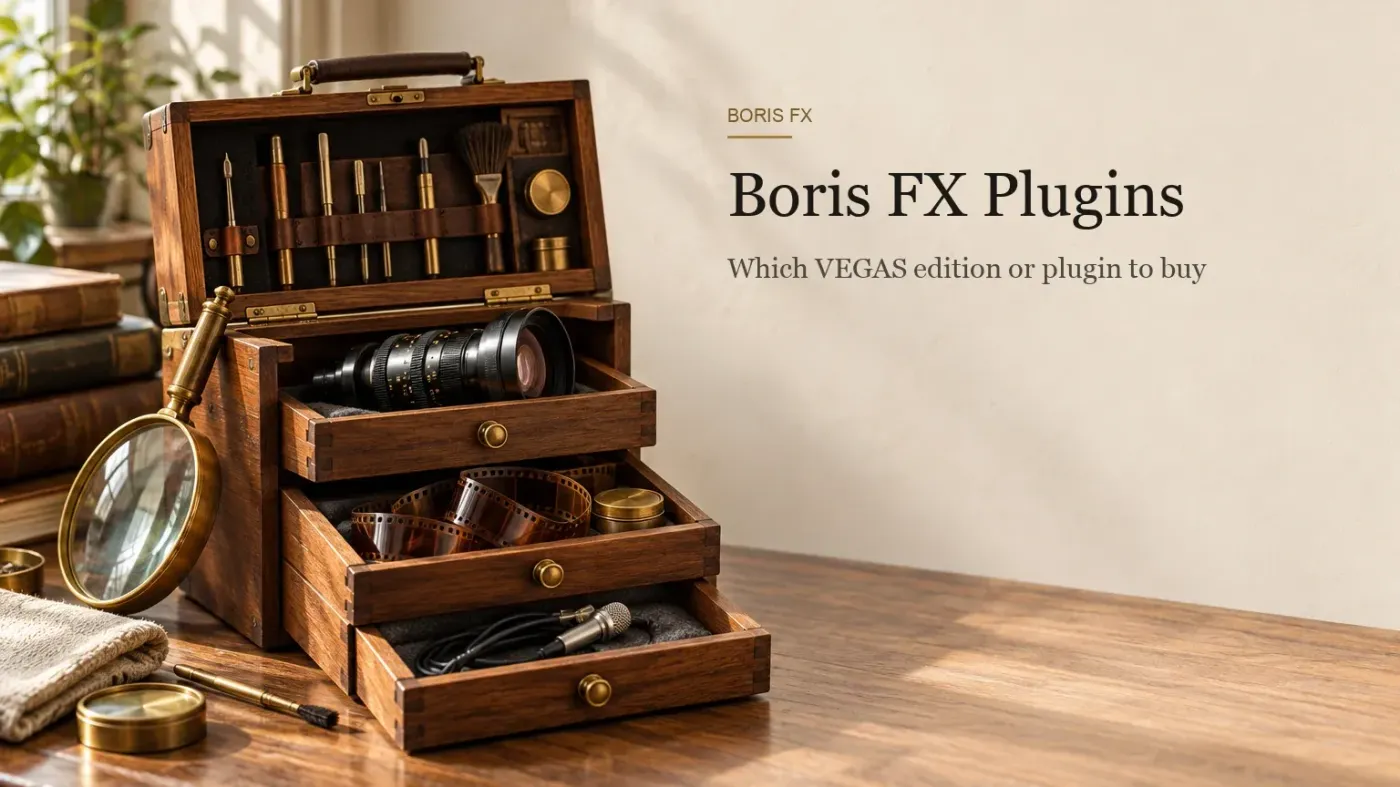 Open wooden tool chest with drawers holding a cine lens, a coil of 35mm film and a small microphone, a brass magnifying glass beside it, next to the headline Boris FX Plugins