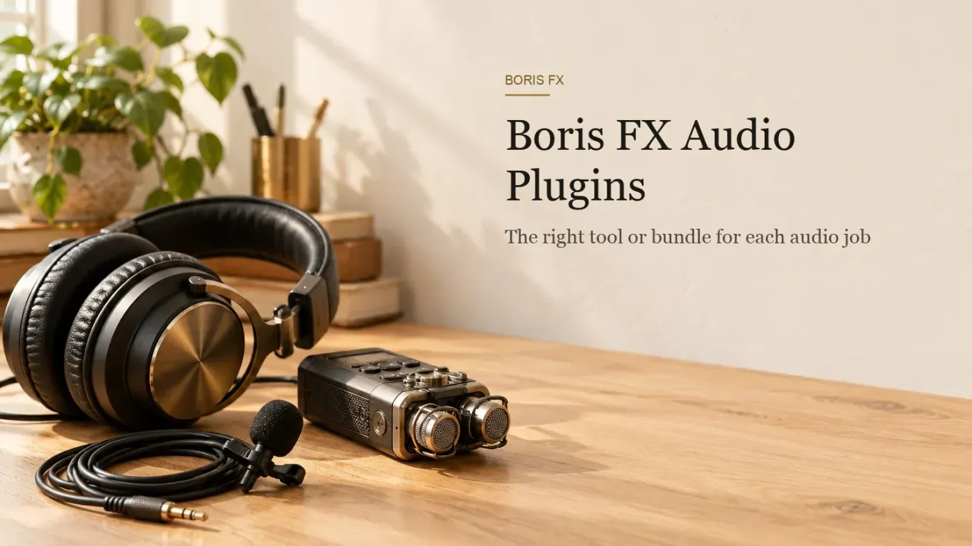 Studio headphones, a lavalier microphone and a compact field recorder on a wooden desk in warm daylight, beside the headline Boris FX Audio Plugins