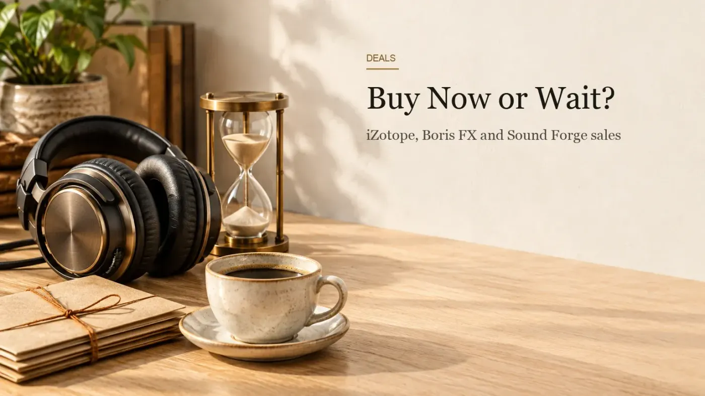 Closed-back studio headphones beside a brass hourglass, a stack of kraft envelopes tied with copper string and a coffee cup on a light oak desk