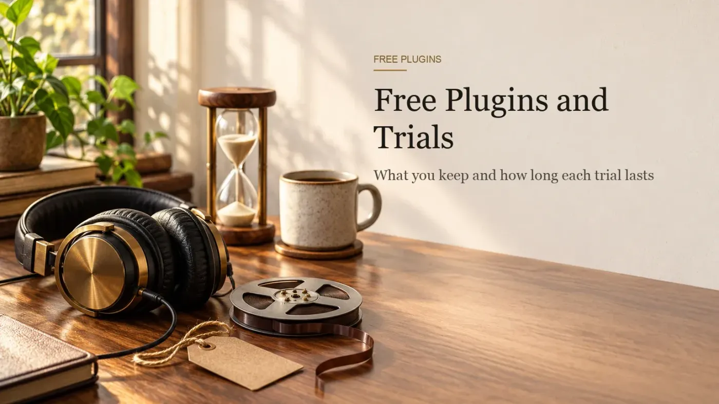 Walnut desk in warm daylight with closed-back headphones, a wooden hourglass, a paper gift tag on a string, a small reel of audio tape and a coffee mug