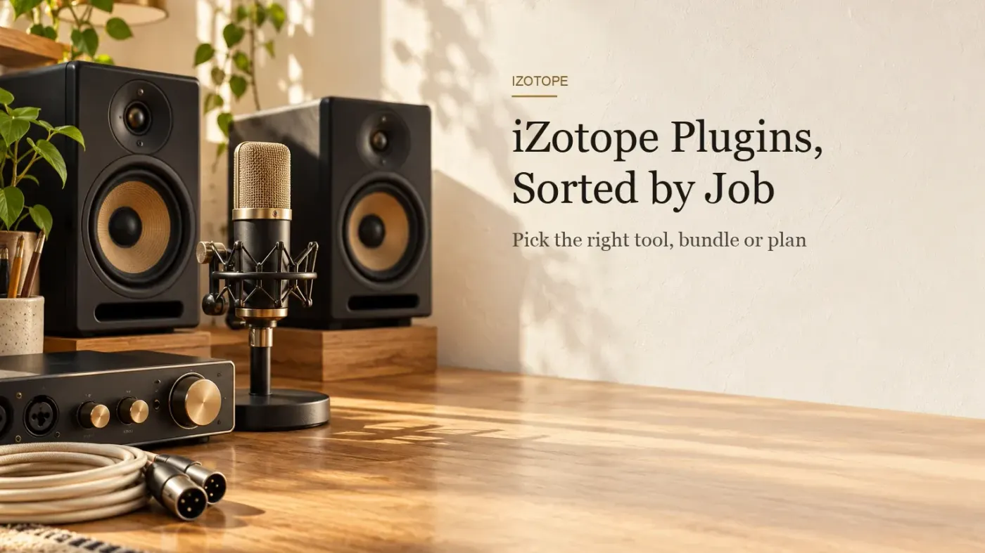 Compact audio interface, small brass-mesh condenser microphone, two nearfield studio monitors and a coiled cream XLR cable on a honey oak workbench