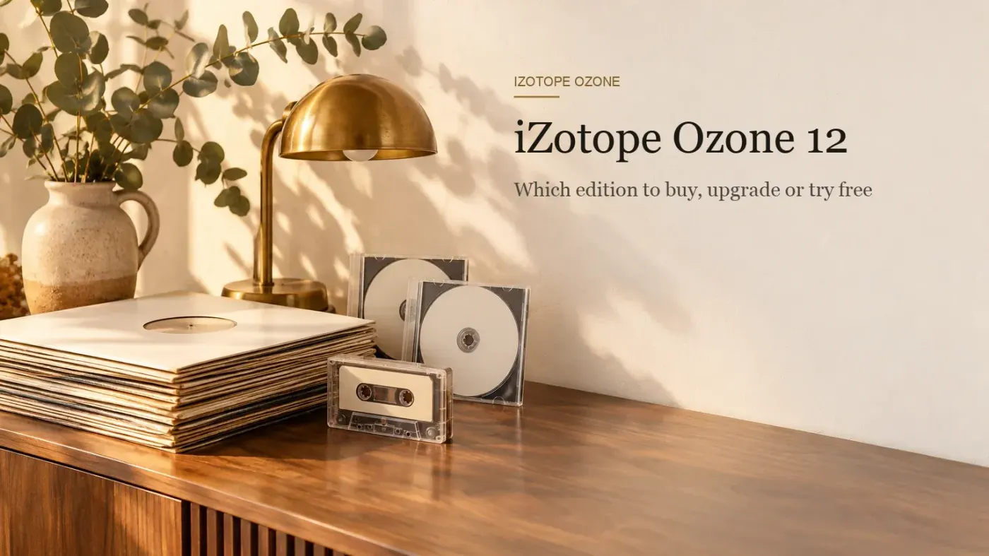 Walnut sideboard in warm late-afternoon light with vinyl records in white sleeves, two compact discs in clear cases, a cassette tape, a brass desk lamp and eucalyptus in a jug