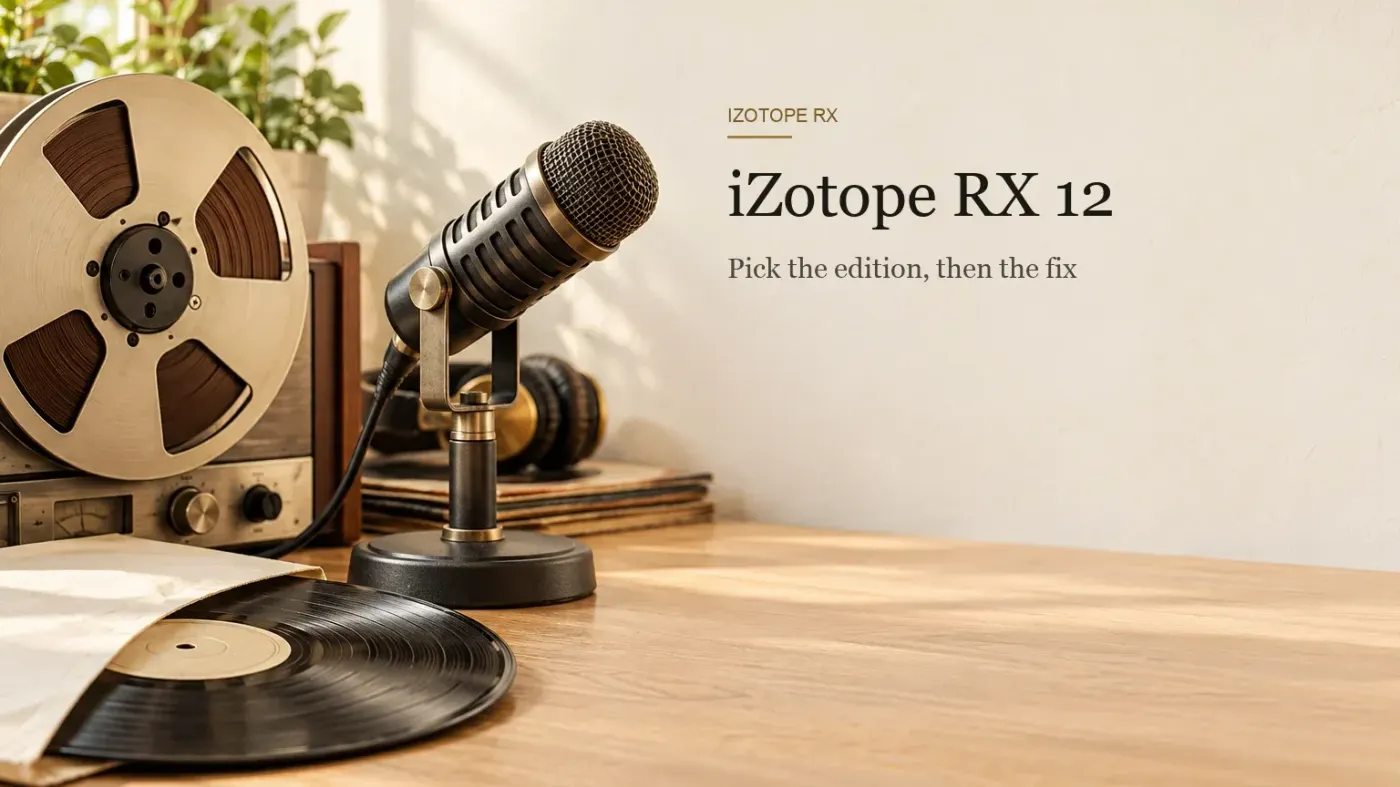 An open-reel tape deck, a vintage microphone and a vinyl record on an oak desk in warm daylight, beside the headline iZotope RX 12