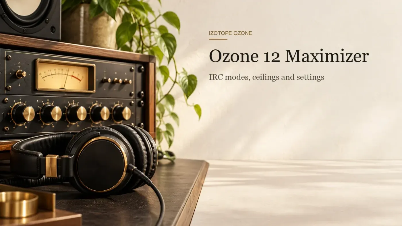Rack-mounted hardware limiter with a lit analog meter and brass-capped knobs in a wooden rack, brass-trimmed closed-back headphones on the desk and a studio monitor above, in warm daylight