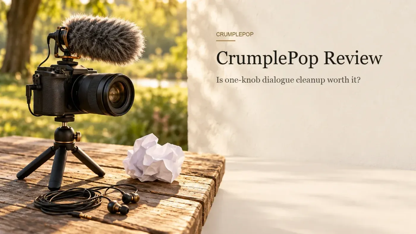 Weathered wooden table outdoors in golden evening light with a compact camera on a mini tripod, a short shotgun mic in a fluffy grey windscreen, a crumpled paper ball and coiled earbuds