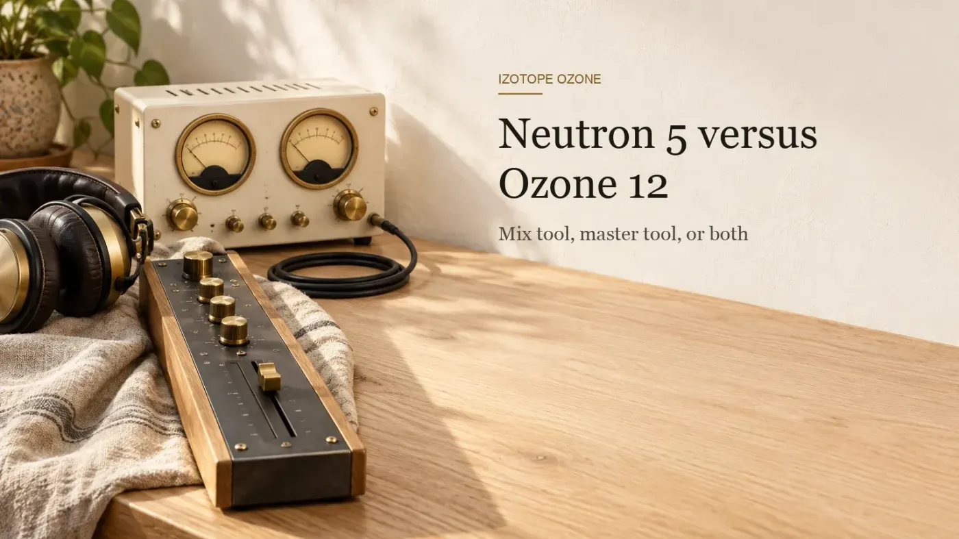 Pale oak desk with a dark channel strip with brass knobs and fader, a cream limiter with two brass-rimmed VU meters, a coiled black cable and headphones on a linen cloth