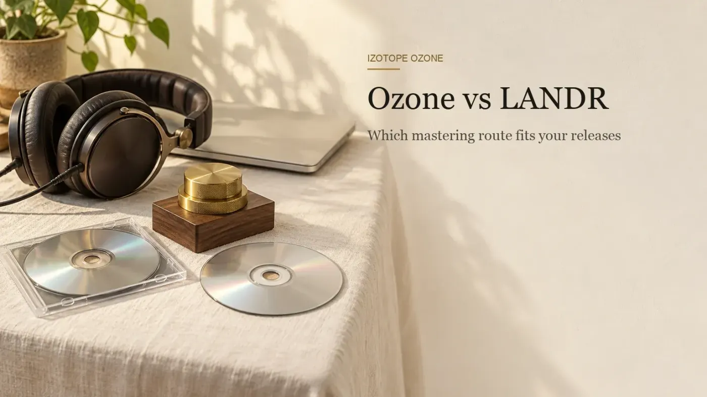 Two blank silver CD-R discs on a cream linen table, one in a slim clear case and one bare, with a brass stepped attenuator knob on a walnut block and studio headphones behind