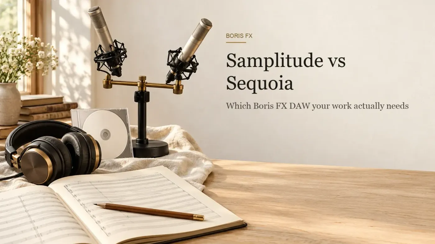 Warm daylight still life with a stereo pair of small condenser microphones on a stand, an open orchestral score with a pencil, closed-back headphones and a CD in a slim case