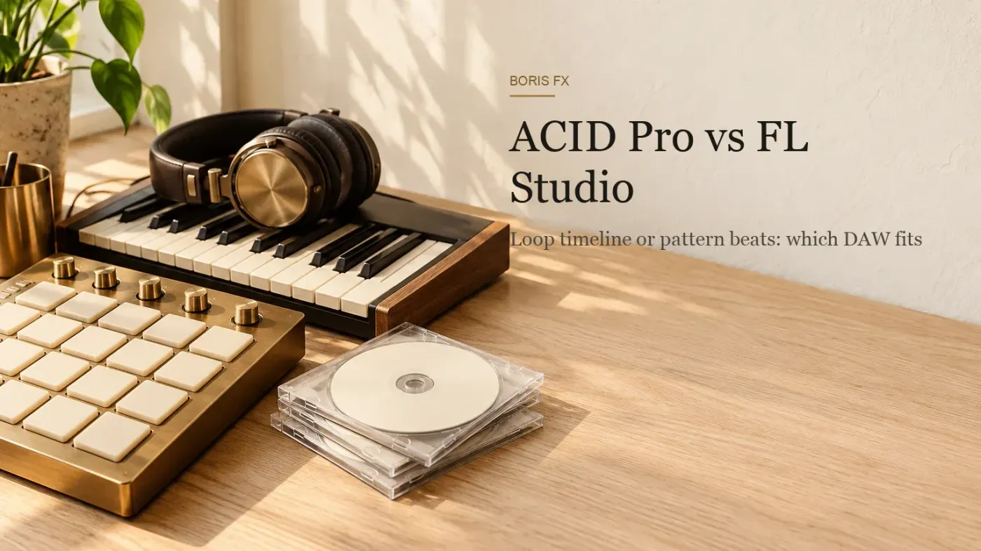 Warm daylight still life on a pale oak table with a sixteen-pad drum controller in a brass frame, a two-octave mini keyboard, closed-back headphones and a stack of blank CDs