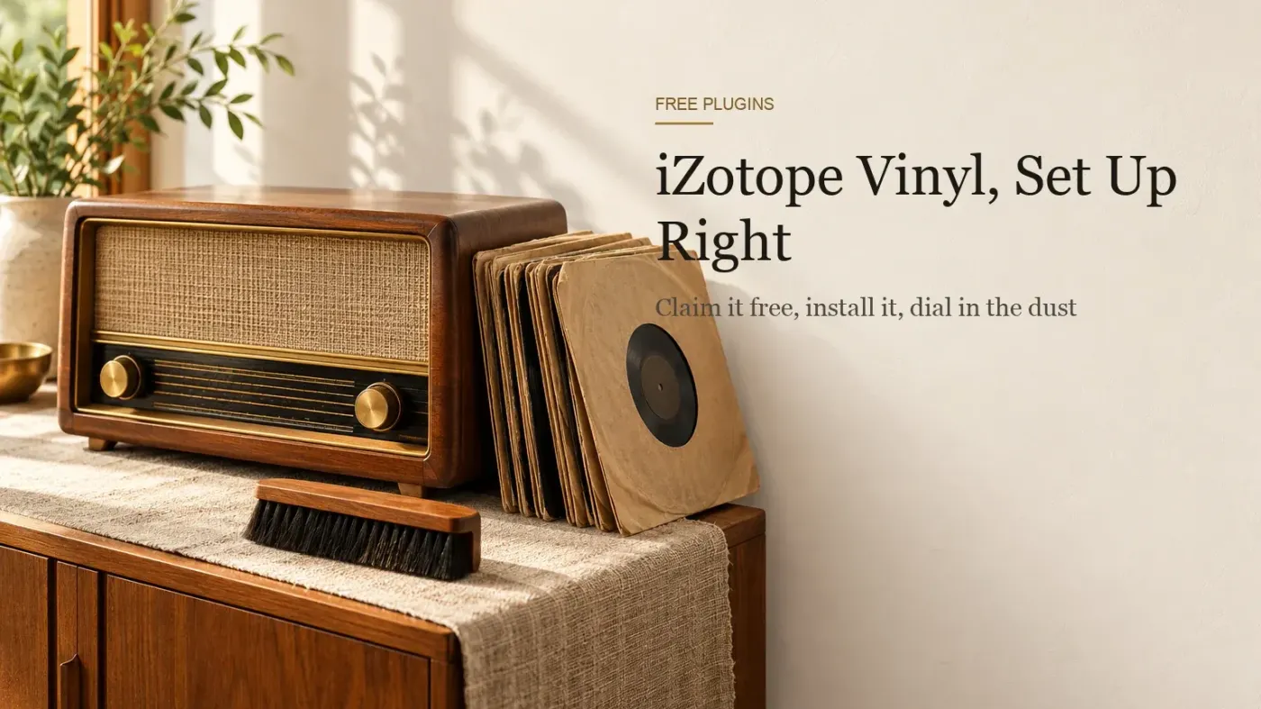 Vintage wooden tabletop tube radio on a linen-covered sideboard in warm daylight beside a stack of worn shellac 78 rpm records in brown kraft sleeves and a record-cleaning brush
